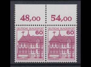 Bund 1028 mit Oberrand waagerechtes Paar Burgen + Schlösser 60 Pf postfrisch
