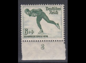 Deutsches Reich 600 Unterrand + Nummer 3 Olympische Winterspiele 1936 6+4 Pf **
