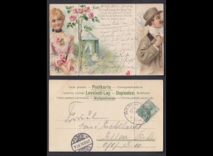 Ansichtskarte Rosen mit Frau, Mann und Spruch, mit Stempel Bahnpost Zug ? 1901