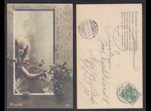 Ansichtskarte Frau mit blühendem Ast im Rahmen gestempelt Köln 1903