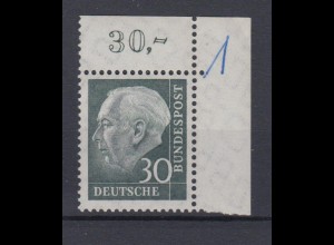 Bund 259w Eckrand rechts oben Bundespräsident Theodor Heuss 30 Pf postfrisch