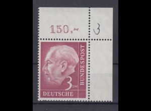 Bund 196 Eckrand rechts oben Bundepräsident Theodor Heuss 3 DM postfrisch 