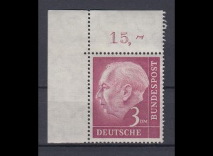 Bund 196 Eckrand links oben Bundespräsident Theodor Heuss 3 DM postfrisch