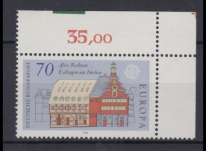 Bund 971 Bogenrandzudruck Eckrand rechts oben Altes Rathaus Esslingen 70 Pf **