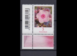 Bund 3296 EAN-Code Eckrand links unten Blumen Phlox 5 Cent postfrisch
