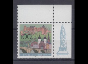 Bund 1868 Eckrand rechts oben 800 Jahre Heidelberg 100 Pf postfrisch 