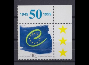 Bund 2049 Eckrand rechts oben 50 Jahre Europarat 110 Pf postfrisch