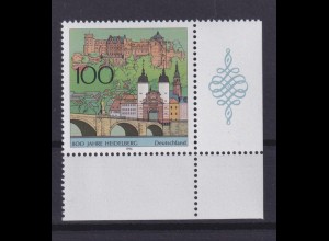 Bund 1868 Eckrand rechts unten 800 Jahre Heidelberg 100 Pf postfrisch 
