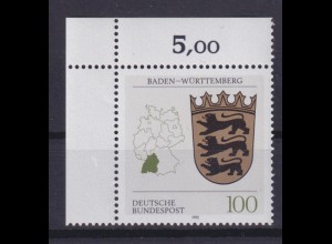 Bund 1587 Eckrand links oben Wappen Bayern 100 Pf postfrisch