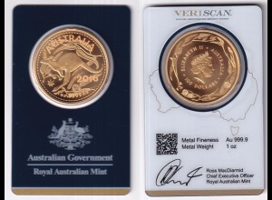 Goldmünze Australien Känguru 1 OZ 100 Dollar 2016 Erstausgabe