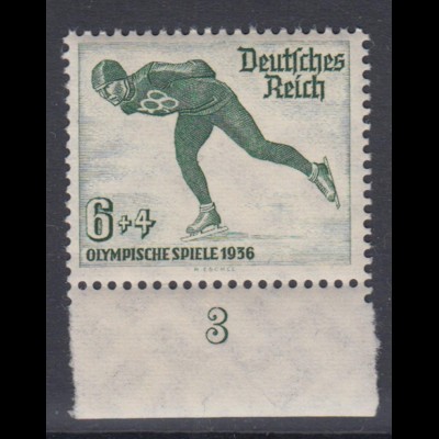 Deutsches Reich 600 Unterrand + Nummer 3 Olympische Winterspiele 1936 6+4 Pf **