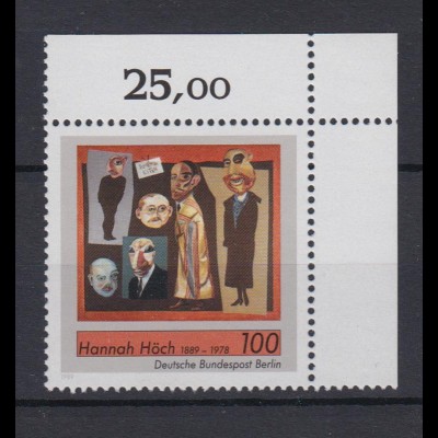 Berlin 857 Eckrand rechts oben 100. Geburtstag Hannah Höch 100 Pf postfrisch