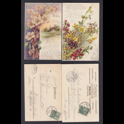 2 Ansichtskarten Blumenkarte mit Glitter und Sprüche gestempelt 1900 + 1901