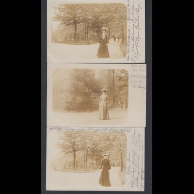 3 Ansichtskarten schöne Frauen mit Hut im Park 1903, 1x nicht gelaufen