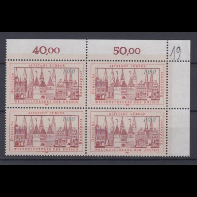 Bund 1447 Eckrand rechts oben 4er Block UNESCO Welterbe 100 Pf postfrisch