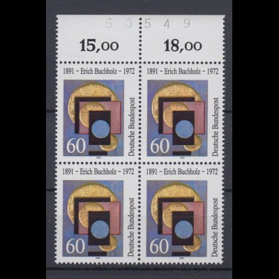 Bund 1493 4er Block mit Oberrand und Bogennummer Erich Buchholz 60 Pf postfrisch