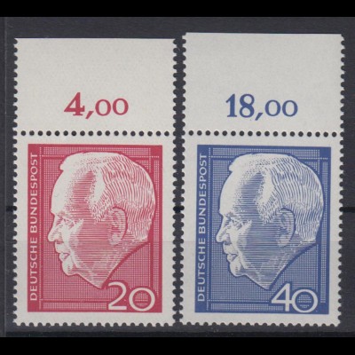Bund 429-430 mit Oberrand Heinrich Lübke (I) 20 Pf + 40 Pf postfrisch