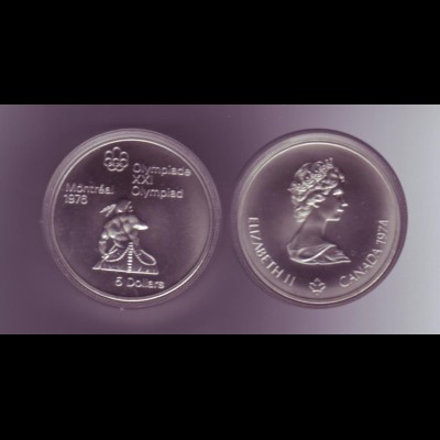 Silbermünze Kanada 5 Dollars Olympiade Montreal 1976 Kanu stempelglanz