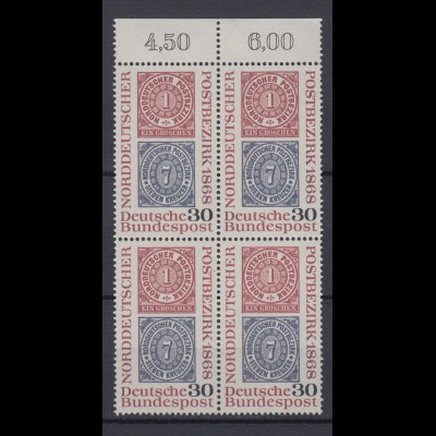 Bund 569 mit Oberrand 4er Block Gründung des Norddeutschen Postbezirks 30 Pf **