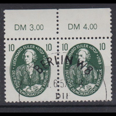 DDR 575 mit Oberrand waagerechtes Paar Leonhard Euler 10 Pf Sonderstempel /1
