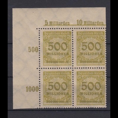 Deutsches Reich 324 AP Eckrand links oben 4er Block Ziffern Kreis 500 Mio M **