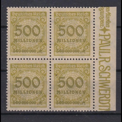 Deutsches Reich 324 AP mit Seitenrand rechts 4er Block Ziffern 500 Mio M **/2