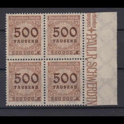Deutsches Reich 313 AP Seitenrand rechts 4er Block Ziffern 500 Tsd M **/3