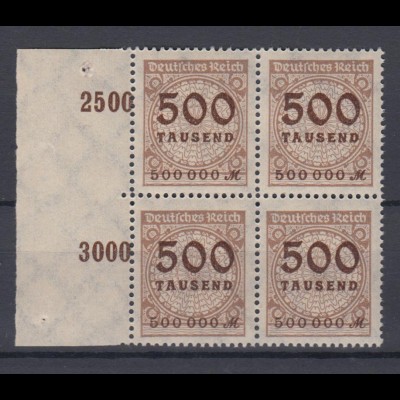 Deutsches Reich 313 AP mit Seitenrand links 4er Block Ziffern 500 Tsd M ** /2