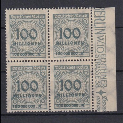 Deutsches Reich 322 AP mit Seitenrand rechts 4er Block Ziffern 100 Mio M **/1