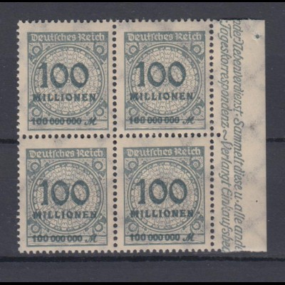 Deutsches Reich 322 AP mit Seitenrand rechts 4er Block Ziffern 100 Mio M **/3