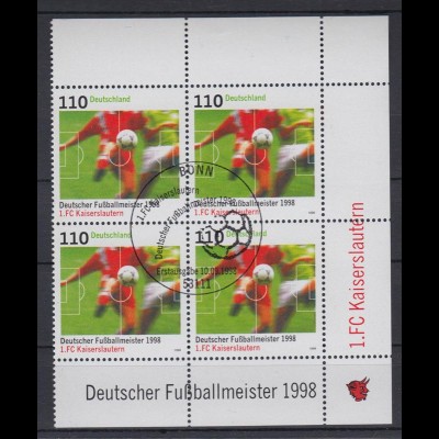 Bund 2010 Eckrand rechts 4er Bl. Deutscher Fußballmeister 1998 110 Pf ESST Bonn