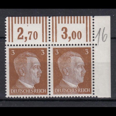 Deutsches Reich 782 Eckrand rechts oben waagerechtes Paar Adolf Hitler 3 Pf **
