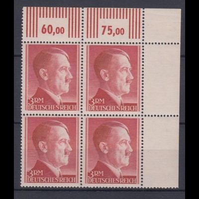 Deutsches Reich 801 B 4er Block Eckrand rechts oben Adolf Hitler 3 RM **