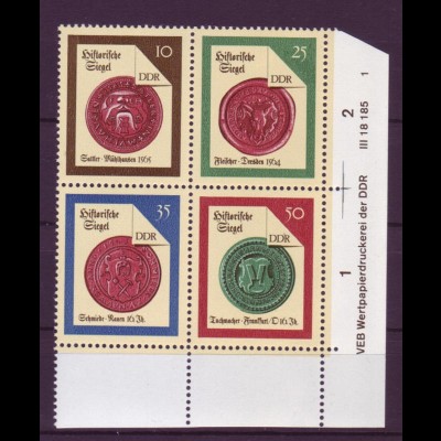 DDR 3156-3159 Druckvermerk Eckrand rechts unten 4er Block Historische Siegel **