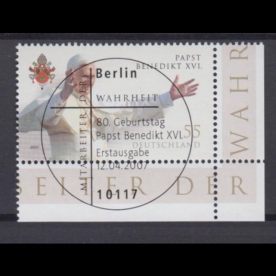 Bund 2599 Eckrand rechts unten Geburtstag Papst Benedikt XVI. 55 C ESST Berlin