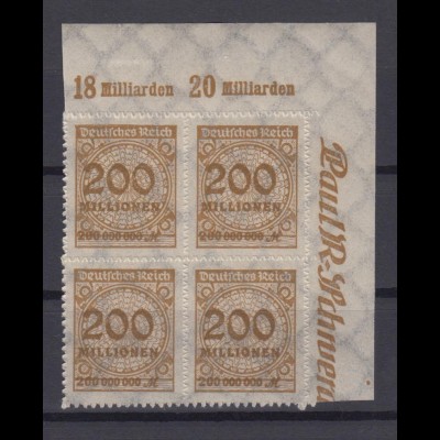 Deutsches Reich 323 BP Eckrand rechts oben 4er Block Ziffern Kreis 200 Mio M **