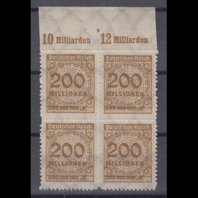 Deutsches Reich 323 BP mit Oberrand 4er Block Ziffern im Kreis 200 Mio M ** /1