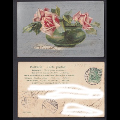 Postkarte Blumen Schale mit Rosen gestempelt Altshausen und Traben 1905