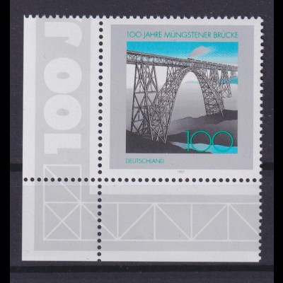 Bund 1931 Eckrand links unten 100 Jahre Müngstener Brücke 100 Pf postfrisch 