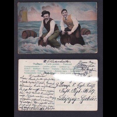 Ansichtskarte 2 Männer auf schwimmenden Fässern gestempelt Jauen 1912