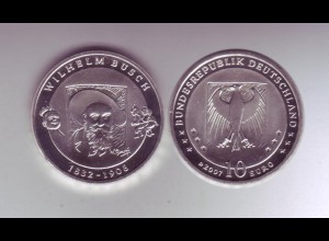 Silbermünze 10 Euro stempelglanz 2007 Wilhelm Busch 