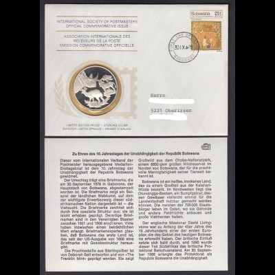 Medaillenbrief Botswana 10. Jahrestag der Unabhängigkeit mit Silbermedaille PP