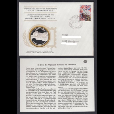 Medaillenbrief Niederlande 700. Bestehens Amsterdam 1975 mit Silbermedaille PP