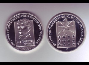 Silbermünze 10 Euro spiegelglanz 2005 Bertha von Suttner 