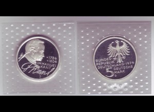 Silbermünze 5 DM 1974 D Immanuel Kant polierte Platte aus Folie ausgeschnitten 