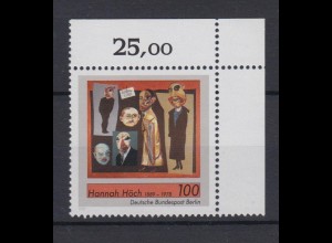 Berlin 857 Eckrand rechts oben 100. Geburtstag Hannah Höch 100 Pf postfrisch