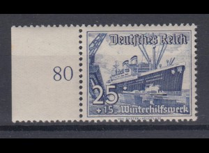 Deutsches Reich 658 mit Seitenrand Winterhilfswerk: Schiffe 25+ 15 Pf **