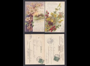 2 Ansichtskarten Blumenkarte mit Glitter und Sprüche gestempelt 1900 + 1901