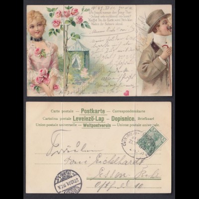Ansichtskarte Rosen mit Frau, Mann und Spruch, mit Stempel Bahnpost Zug ? 1901