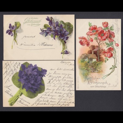 3 Ansichtskarten Blumen 2x Herzlichen Glückwunsch zum Geburtstag 1904
